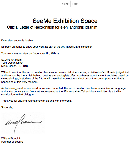 SeeMe Exhibition Space  Official Letter of Recognition for ELENI...  Helen Andronis Ibrahim